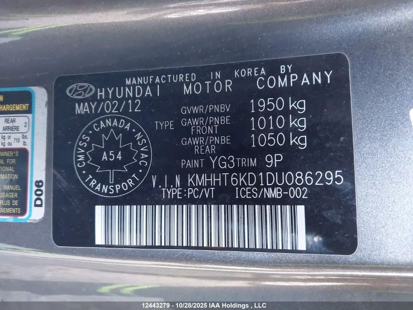 2013 Hyundai Genesis Coupe 2.0T VIN: KMHHT6KD1DU086295 Lot: 12443279