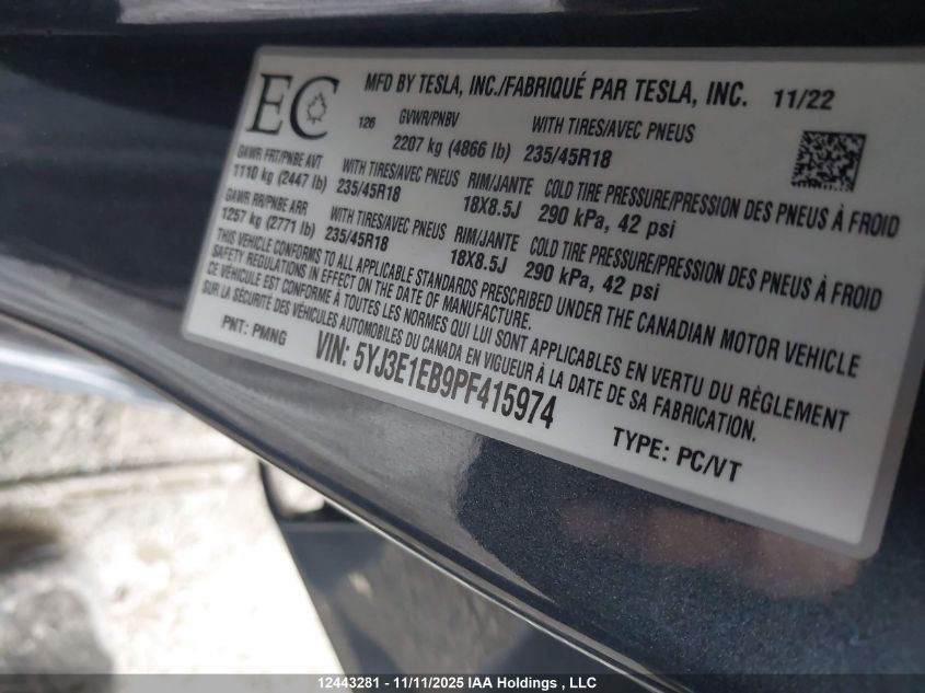 2023 Tesla Model 3 Long Range VIN: 5YJ3E1EB9PF415974 Lot: 12443281