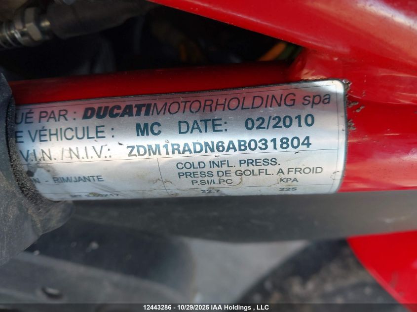 2010 Ducati Monster 696 VIN: ZDM1RADN6AB031804 Lot: 12443286