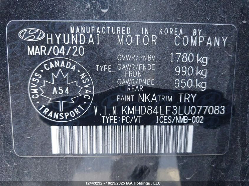 2020 Hyundai Elantra VIN: KMHD84LF3LU077083 Lot: 12443292