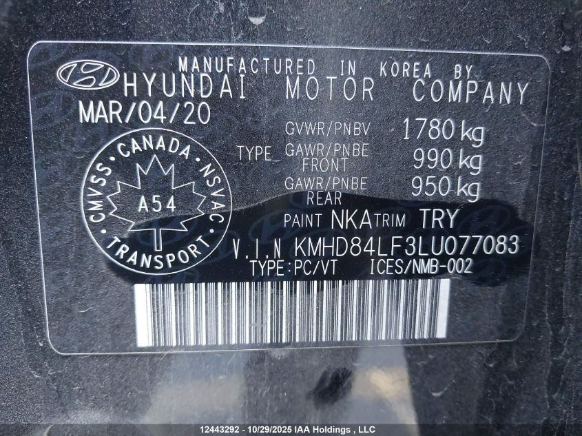 2020 Hyundai Elantra VIN: KMHD84LF3LU077083 Lot: 12443292