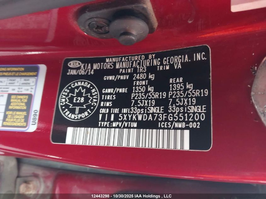 2015 Kia Sorento Sx/Sx Limited VIN: 5XYKWDA73FG551200 Lot: 12443298