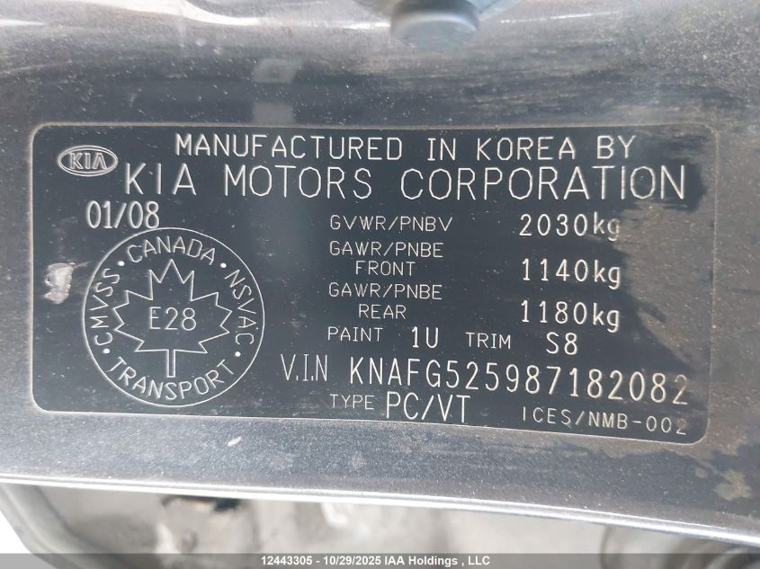 2008 Kia Rondo Lx/Ex VIN: KNAFG525987182082 Lot: 12443305