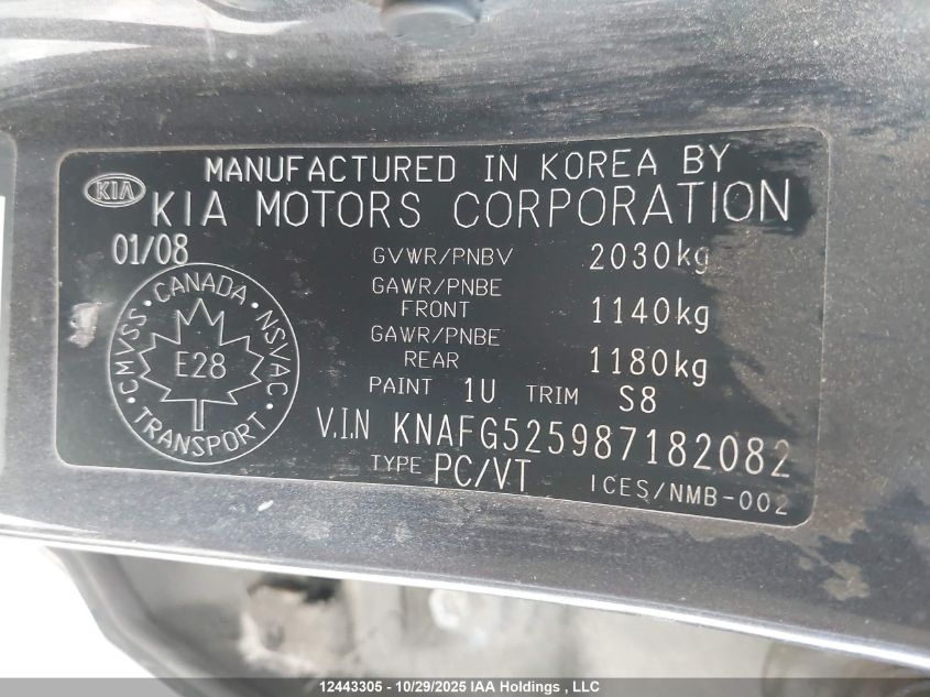 2008 Kia Rondo Lx/Ex VIN: KNAFG525987182082 Lot: 12443305