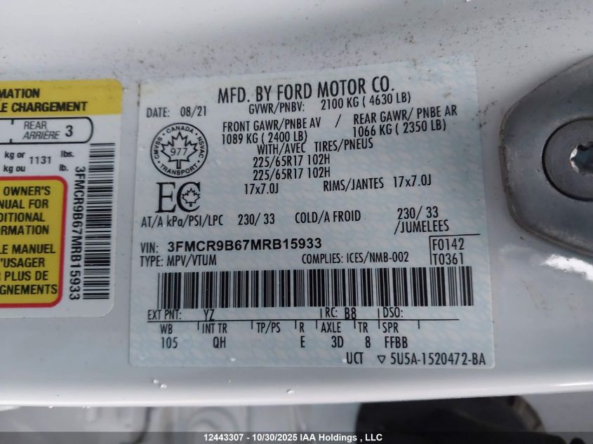 2021 Ford Bronco Sport Big Bend VIN: 3FMCR9B67MRB15933 Lot: 12443307