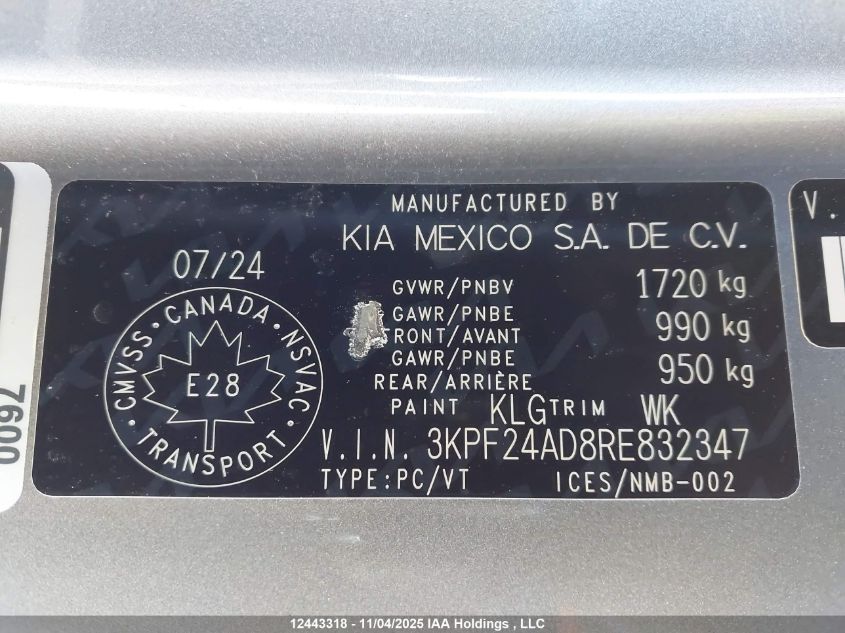 2024 Kia Forte Lx/Lxs VIN: 3KPF24AD8RE832347 Lot: 12443318