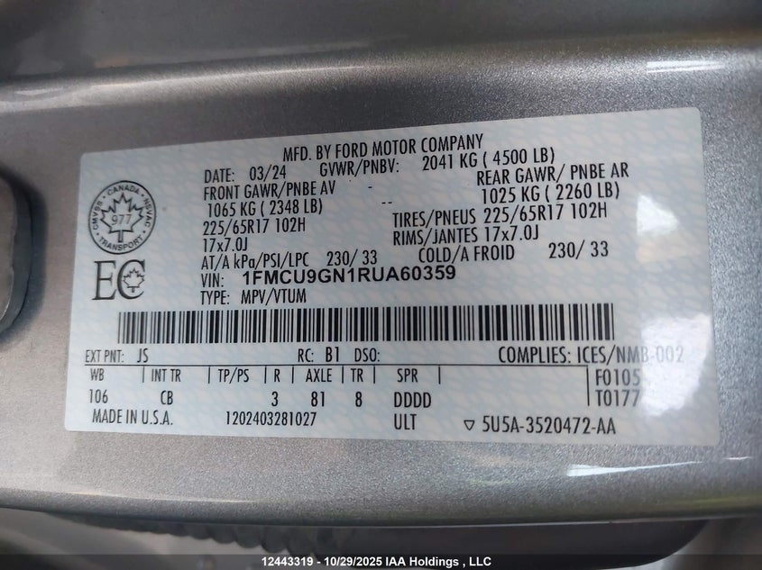 1FMCU9GN1RUA60359 2024 FORD ESCAPE photo no. 9