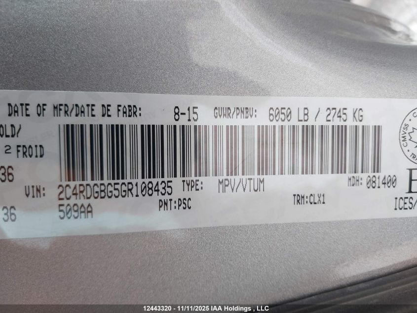 2016 Dodge Grand Caravan Se/Sxt VIN: 2C4RDGBG5GR108435 Lot: 12443320