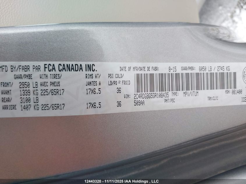 2016 Dodge Grand Caravan Se/Sxt VIN: 2C4RDGBG5GR108435 Lot: 12443320