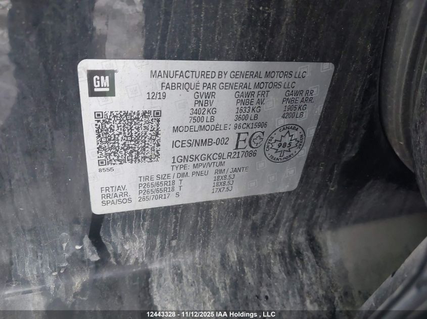 2020 Chevrolet Suburban Ls VIN: 1GNSKGKC9LR217086 Lot: 12443328