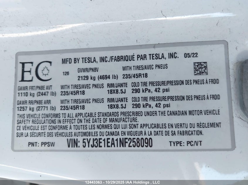 5YJ3E1EA1NF258090 2022 TESLA MODEL 3 photo no. 9