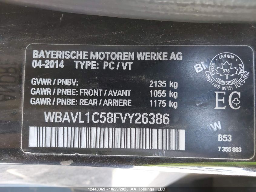 2015 BMW X1 xDrive28I VIN: WBAVL1C58FVY26386 Lot: 12443369