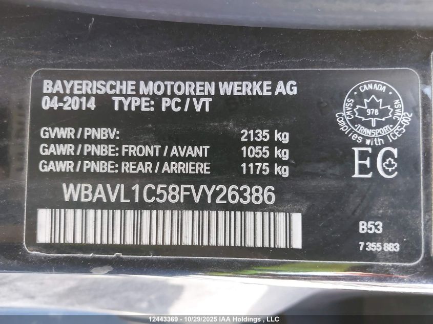 2015 BMW X1 xDrive28I VIN: WBAVL1C58FVY26386 Lot: 12443369