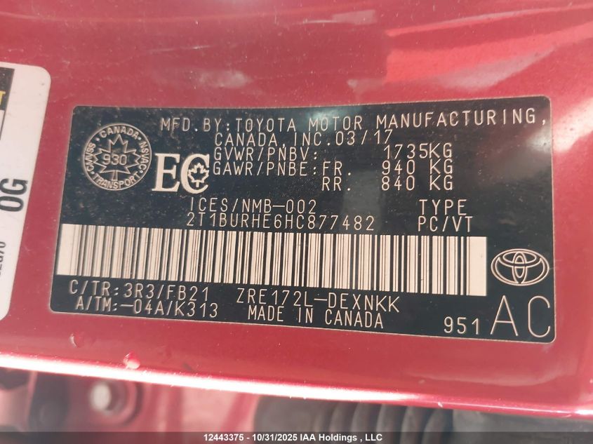 2017 Toyota Corolla L/Le/Xle/Se/Xse VIN: 2T1BURHE6HC877482 Lot: 12443375