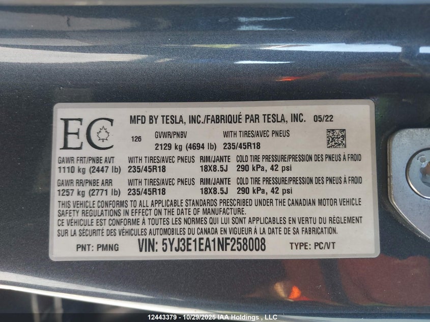 5YJ3E1EA1NF258008 2022 TESLA MODEL 3 photo no. 18
