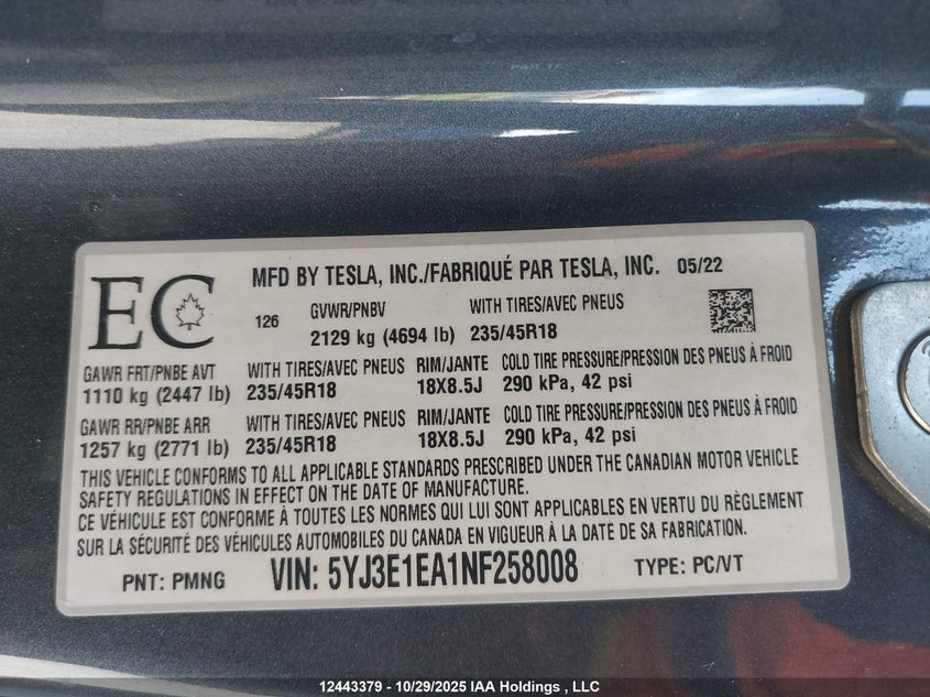 5YJ3E1EA1NF258008 2022 TESLA MODEL 3 photo no. 9