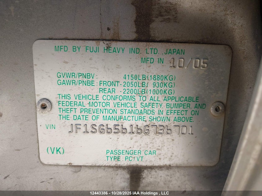 JF1SG65616G736701 2006 SUBARU FORESTER photo no. 9