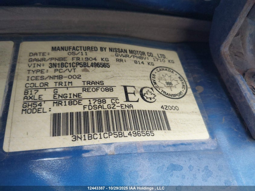3N1BC1CP5BL496565 2011 NISSAN VERSA photo no. 9