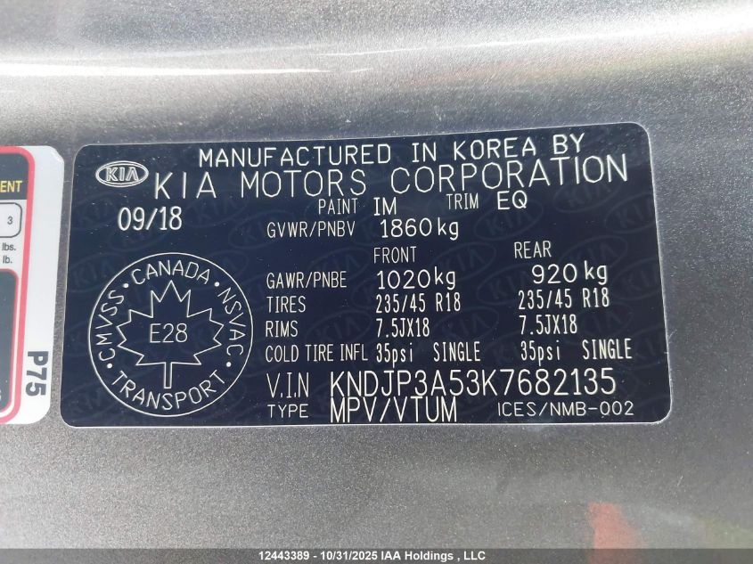 2019 Kia Soul + VIN: KNDJP3A53K7682135 Lot: 12443389
