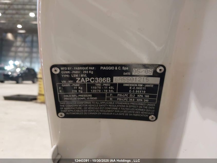 2010 Vespa Lx 50 VIN: ZAPT386B6A5501215 Lot: 12443391