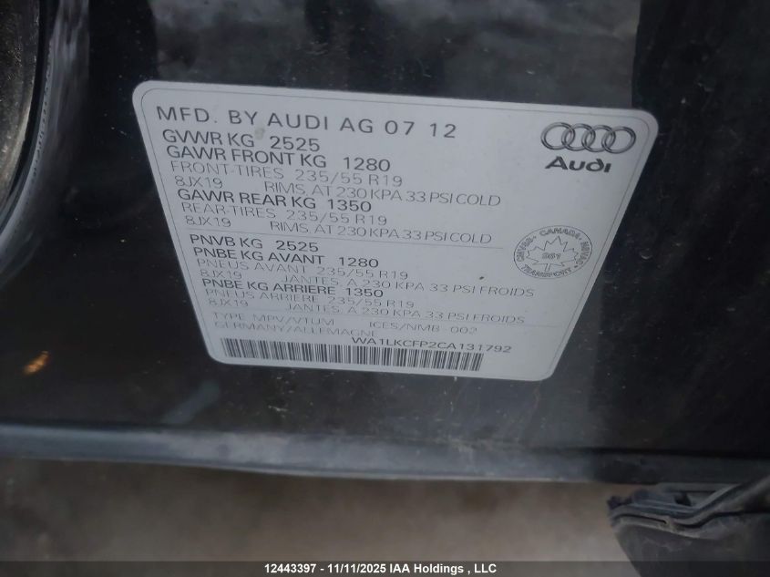 2012 Audi Q5 3.2 Premium VIN: WA1LKCFP2CA131792 Lot: 12443397