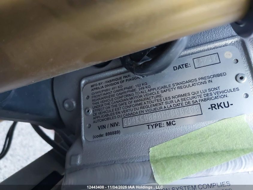 2017 Aprilia Tuono V4 1100 Rr VIN: ZD4KGU000HS000208 Lot: 12443408