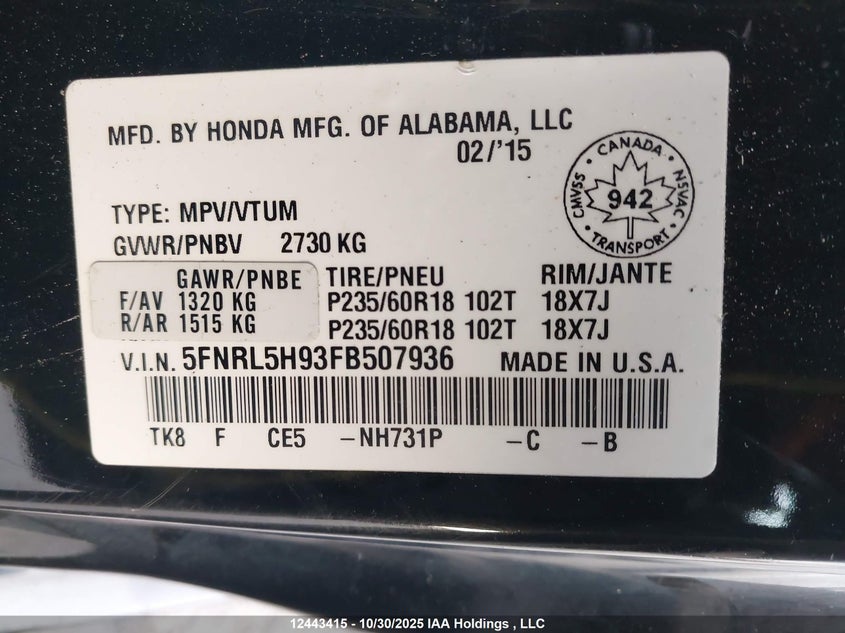 5FNRL5H93FB507936 2015 HONDA ODYSSEY photo no. 19
