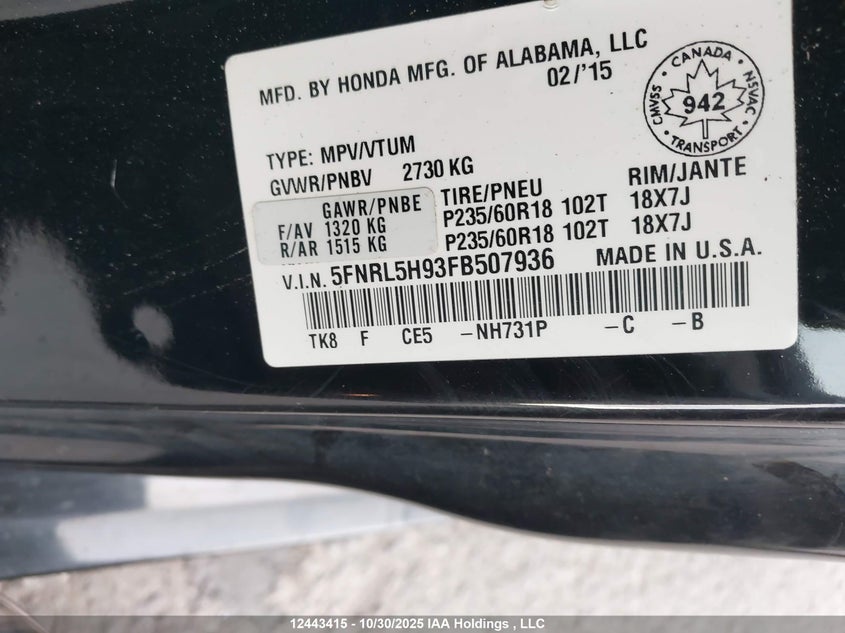 5FNRL5H93FB507936 2015 HONDA ODYSSEY photo no. 9