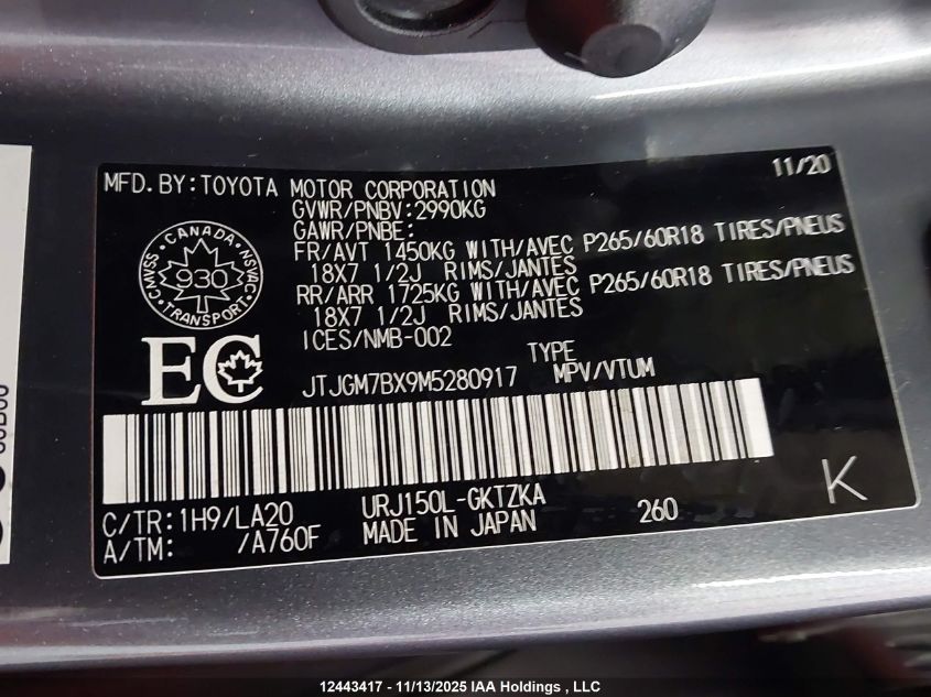 2021 Lexus Gx 460 VIN: JTJGM7BX9M5280917 Lot: 12443417