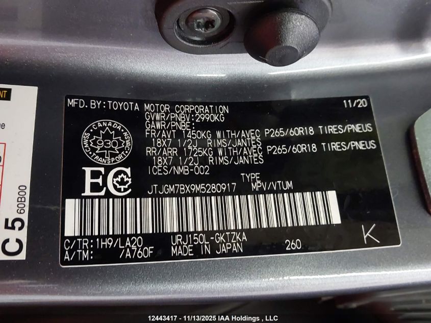 2021 Lexus Gx 460 VIN: JTJGM7BX9M5280917 Lot: 12443417