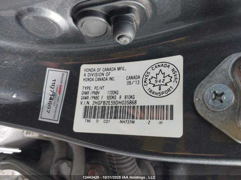 2013 Honda Civic Ex 4Dr VIN: 2HGFB2E59DH035868 Lot: 12443420