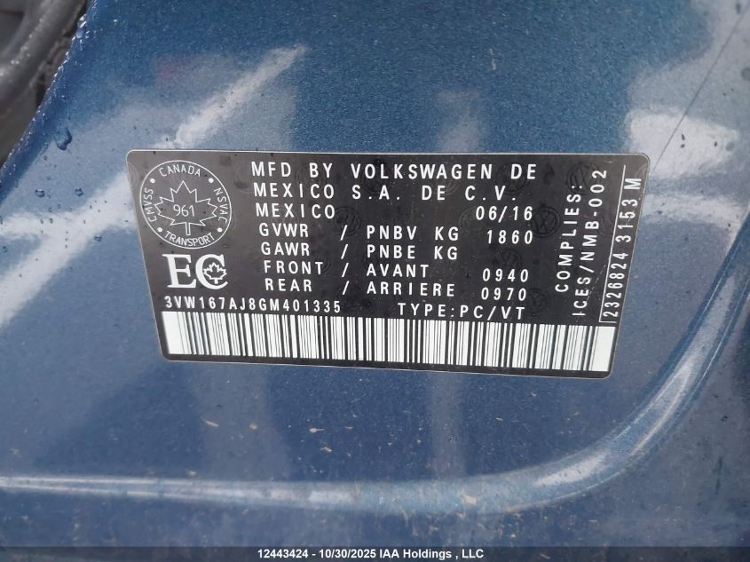 2016 Volkswagen Jetta VIN: 3VW167AJ8GM401335 Lot: 12443424