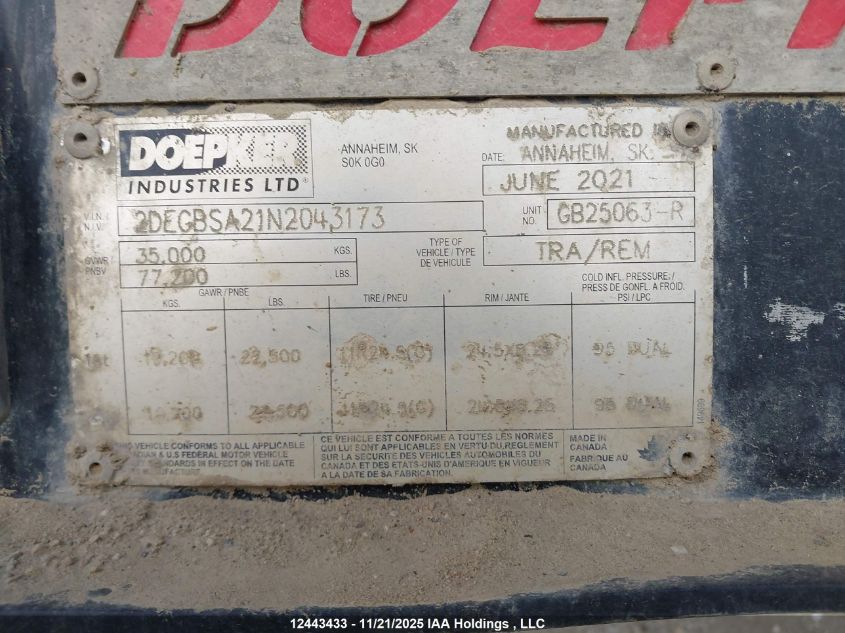 2022 Doepker Pup VIN: 2DEGBSA21N2043173 Lot: 12443433