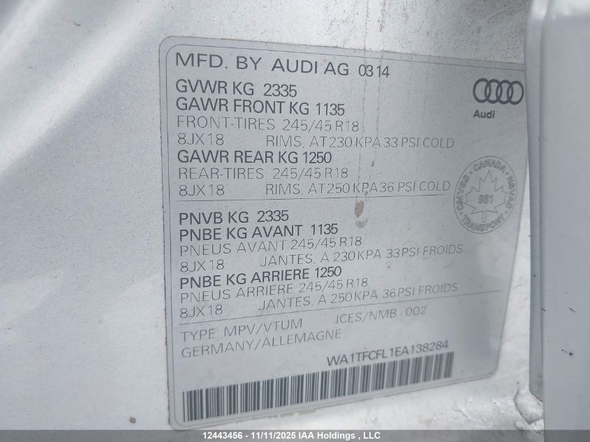 2014 Audi Allroad VIN: WA1TFCFL1EA138284 Lot: 12443456