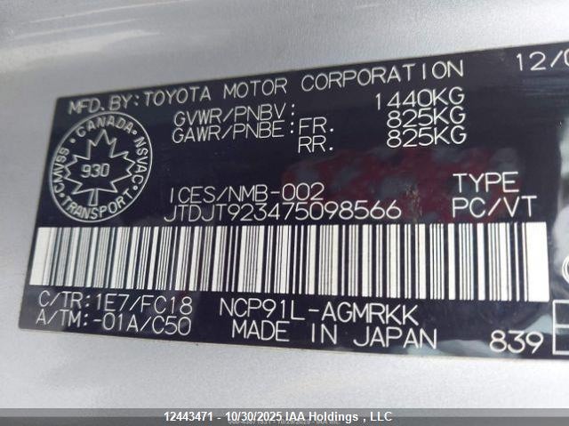 2007 Toyota Yaris VIN: JTDJT923475098566 Lot: 12443471