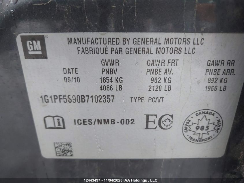 2011 Chevrolet Cruze Lt VIN: 1G1PF5S90B7102357 Lot: 12443497