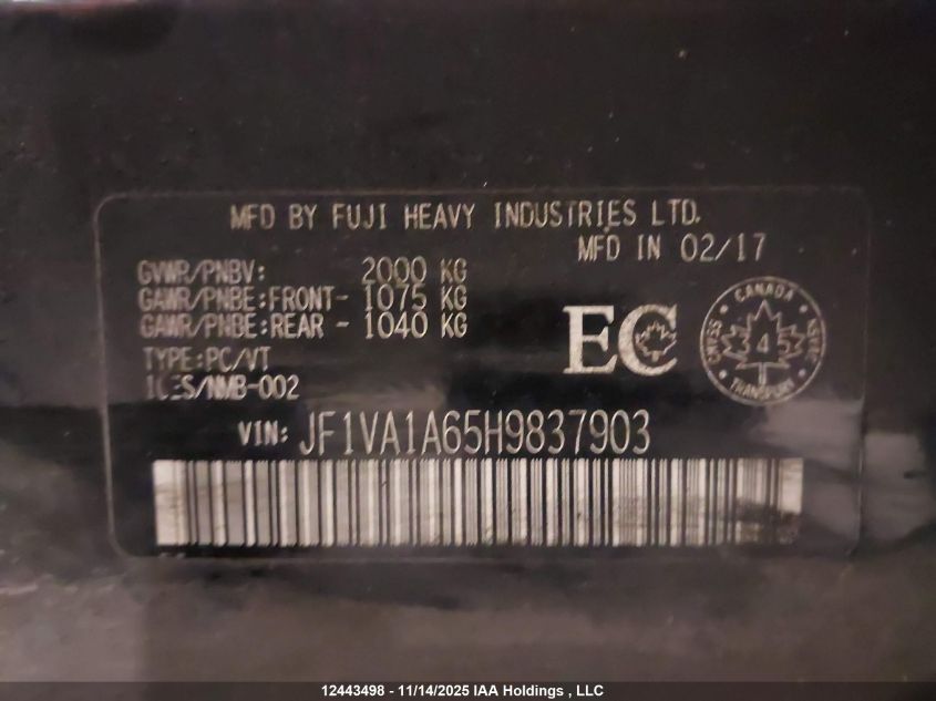 2017 Subaru Wrx VIN: JF1VA1A65H9837903 Lot: 12443498