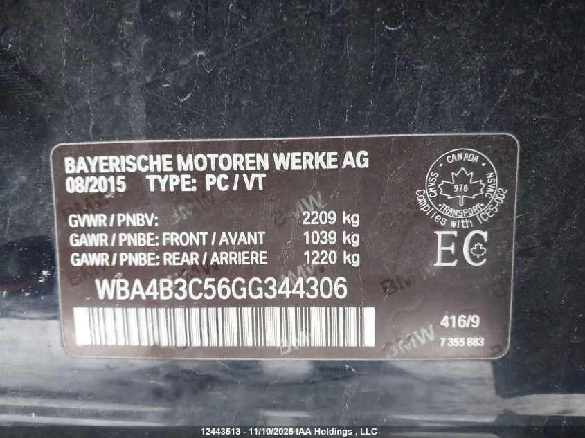 2016 BMW 435I Gran Coupe xDrive VIN: WBA4B3C56GG344306 Lot: 12443513