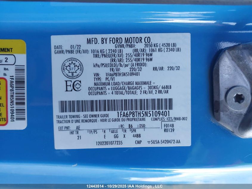 2022 Ford Mustang VIN: 1FA6P8TH5N5109401 Lot: 12443514