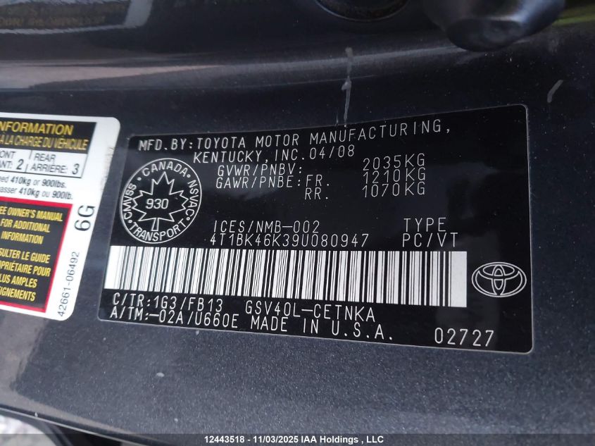 2009 Toyota Camry Se/Le/Xle VIN: 4T1BK46K39U080947 Lot: 12443518