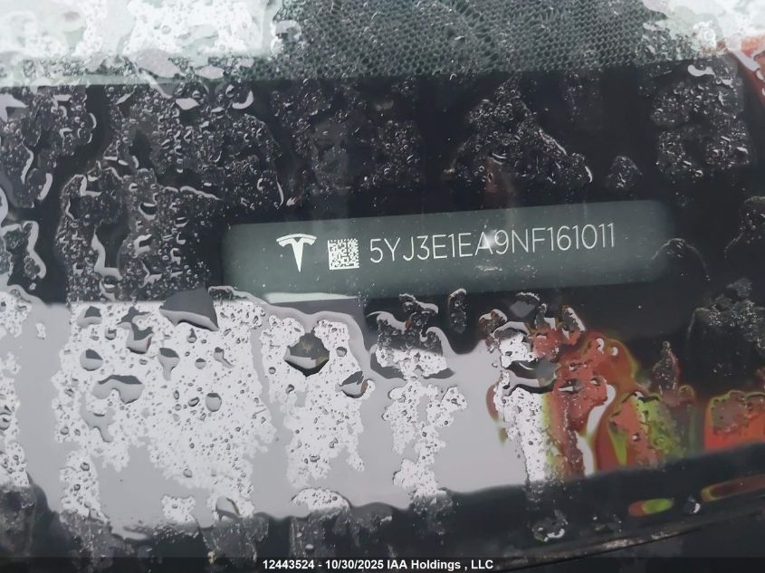2022 Tesla Model 3 VIN: 5YJ3E1EA9NF161011 Lot: 12443524