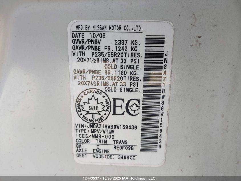 2009 Nissan Murano S/Sl/Le VIN: JN8AZ18W89W159436 Lot: 12443537
