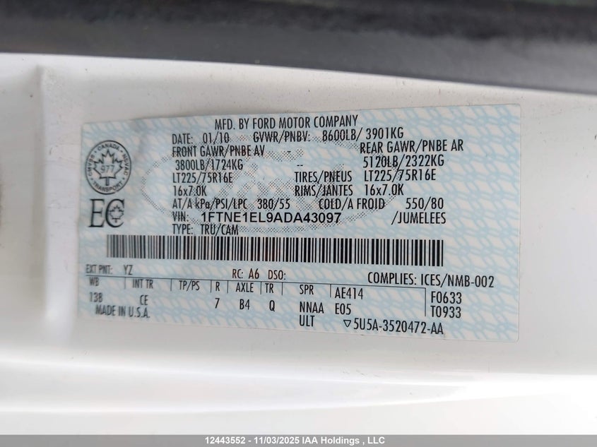 1FTNE1EL9ADA43097 2010 FORD TRANSIT photo no. 9