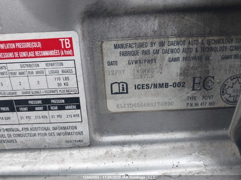 2008 Chevrolet Aveo 5 Ls VIN: KL1TD65668B170890 Lot: 12443553