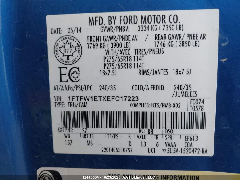 2014 Ford F150 Supercrew VIN: 1FTFW1ETXEFC17223 Lot: 12443564