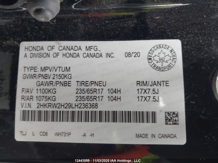 2020 Honda Cr-V Lx VIN: 2HKRW2H29LH236368 Lot: 12443599