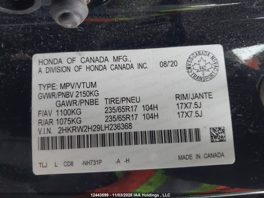 2020 Honda Cr-V Lx VIN: 2HKRW2H29LH236368 Lot: 12443599