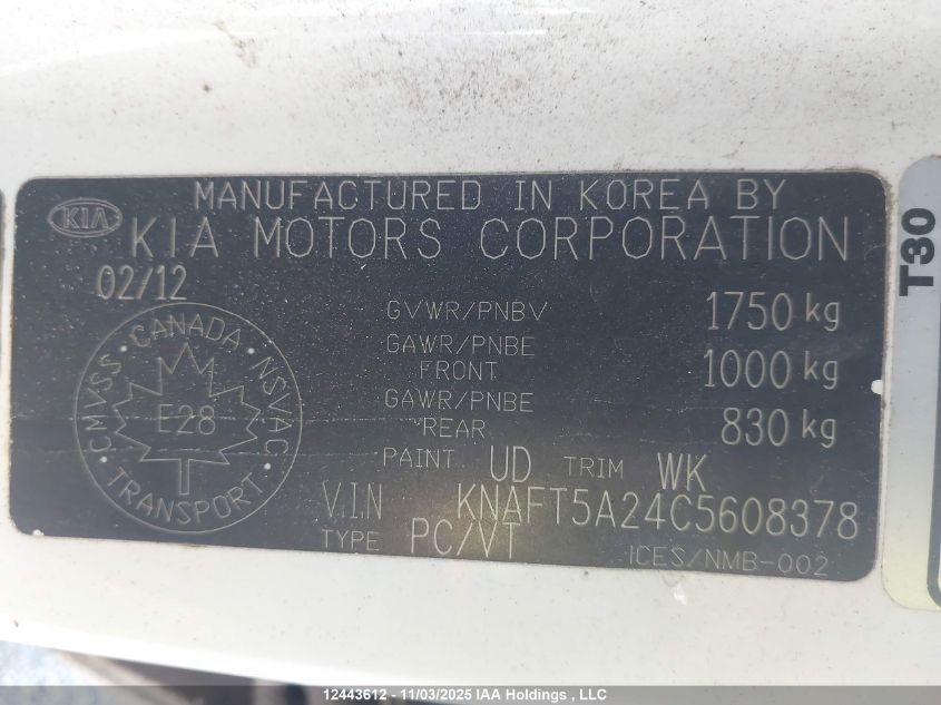 2012 Kia Forte Lx VIN: KNAFT5A24C5608378 Lot: 12443612