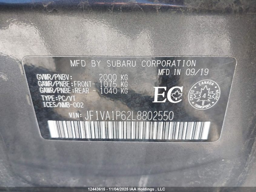 2020 Subaru Wrx Limited VIN: JF1VA1P62L8802550 Lot: 12443615