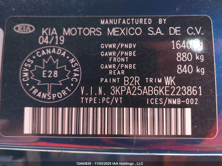 2019 Kia Rio S VIN: 3KPA25AB6KE223861 Lot: 12443630